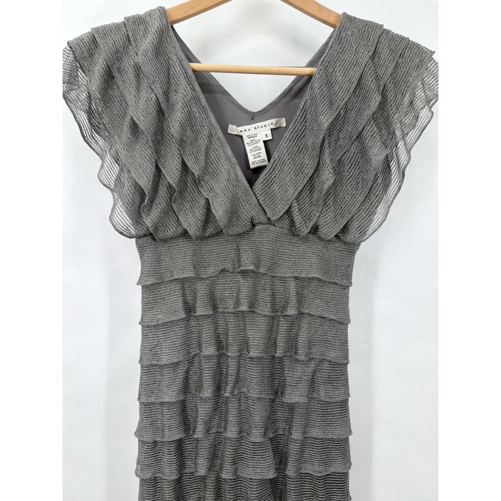 Max Studio Silver Metallic Mesh Tiered Ruffle‎ V-Neck Dress Small Fairy